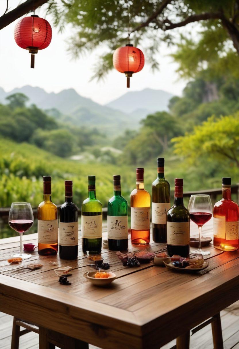 An elegant wooden table adorned with vibrant bottles of regional wines and Asian spirits, surrounded by small tasting glasses filled with diverse colorful liquids. In the background, lush landscapes representing different wine regions and traditional Asian elements like lanterns and rice paddies. Soft, ambient lighting creates a warm and inviting atmosphere. super-realistic. vibrant colors. white background.