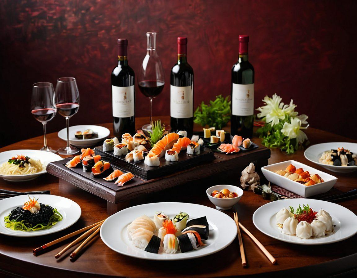 A beautifully arranged table featuring a selection of fine wine bottles paired with exquisite Asian dishes like sushi, dim sum, and spicy Asian noodles. Soft ambient lighting creates a warm and inviting atmosphere, while intricate Asian decor elements add cultural charm. Include elements such as wine glasses, delicate chopsticks, and vibrant food presentation that showcases the fusion concept. super-realistic. warm colors. elegant setting.
