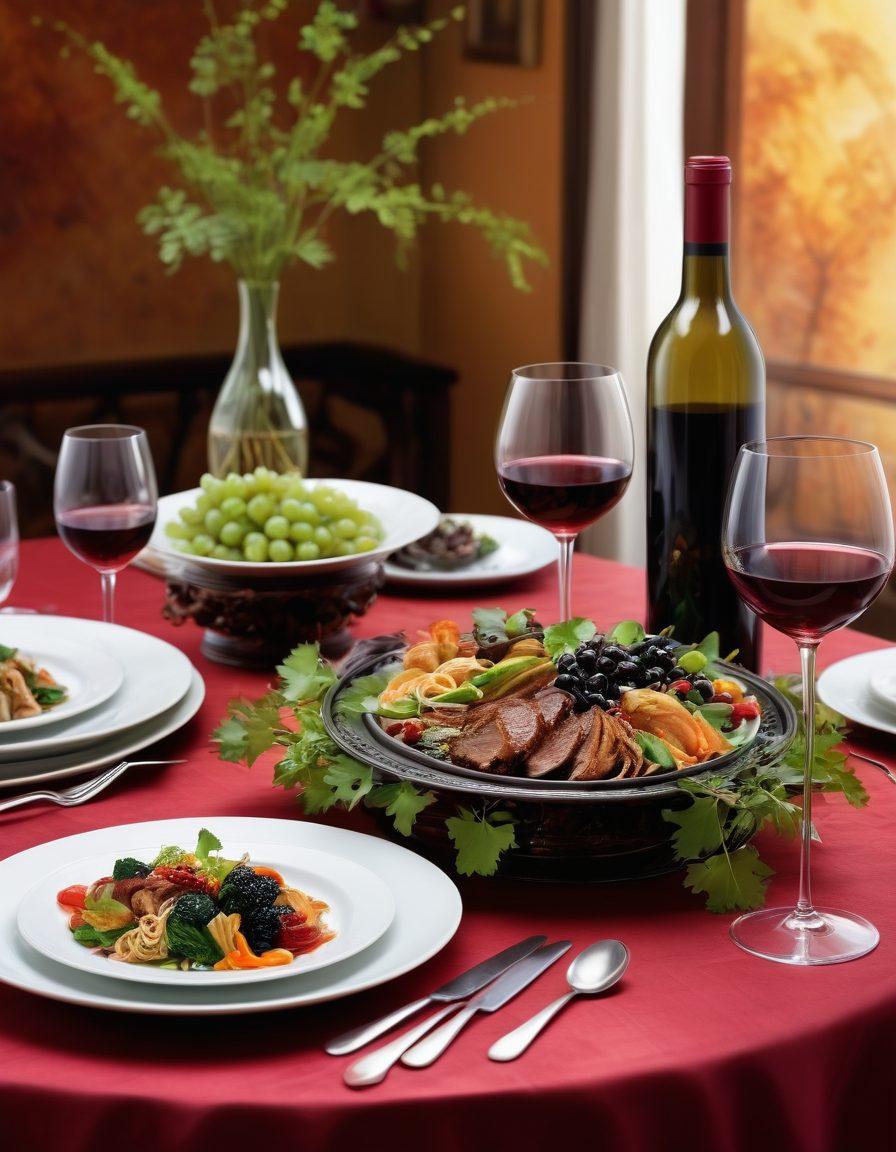A beautifully arranged dining table featuring an elegant selection of Asian dishes paired with various wine glasses. Include a vibrant background of grapevine leaves and clusters, emphasizing the journey from grape to plate. Capture the steaming aroma of food and the glistening colors of both the dishes and wines. The scene should reflect warmth and sophistication, inviting the viewer to indulge. super-realistic. vibrant colors. elegant setting.